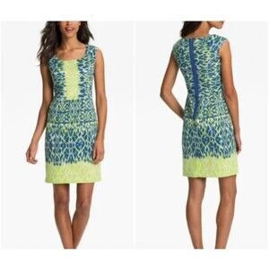 Adrianna Papell Dress Womens 10 Blue Green Ikat Sleeveless Shift Mermaid Ocean